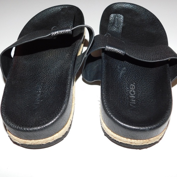 VINCE black leather espadrille grain slip on sandals thongs women 8 - Picture 8 of 9